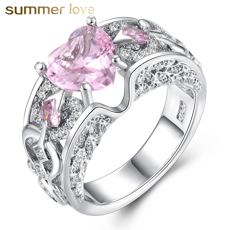 

Luxury Big Love Heart AAA CZ Zircon Ring Pink Fire Opal Rings for Women Female Princess Wedding Engagement Party jewelry Gift