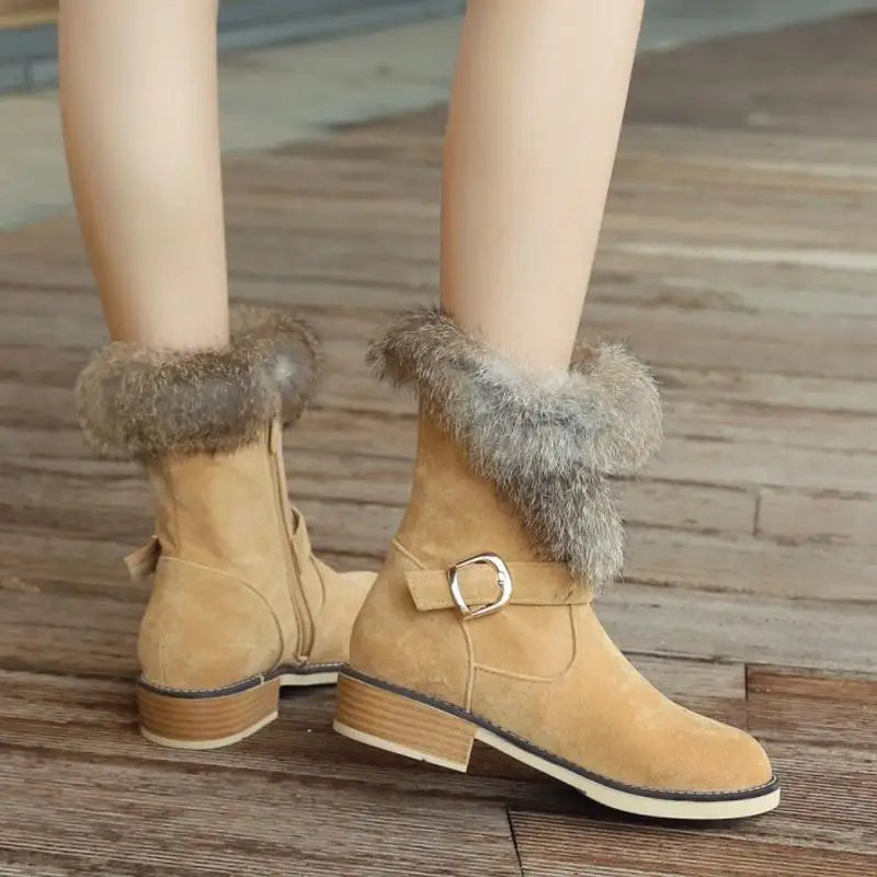 RIZABINA Для женщин теплые сапоги на высоком каблуке на молнии Зимняя обувь на меху Для женщин зимние ботинки до середины икры круглый носок