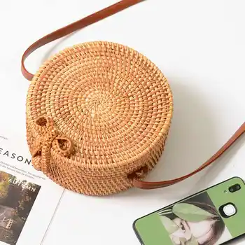 

JHD-Round Women Summer Rattan Bag Handmade Woven Beach Cross Body Bag Circle Bohemia Handbag Bali Box(18x8Cm)