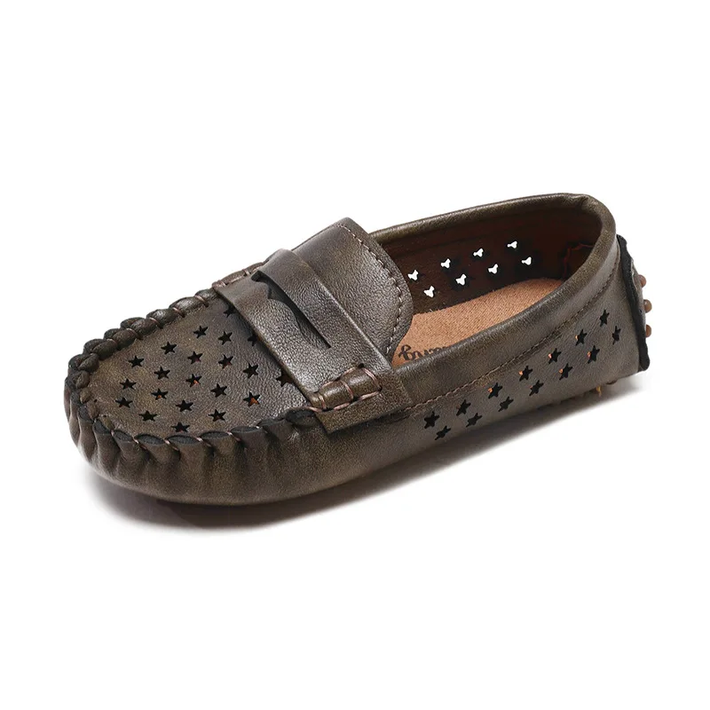 

Boys Girls Shoes PU Leather Slip-on Moccasins Breathable Children Anti-slip Hollow Loafers Black Green Toddler Flats Heel Shoes