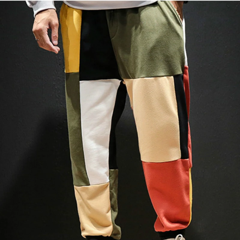 2019 Mens Streetwear Casual Joggers Pants Patchwork Color Harem Pants Men Male Fashions Cotton Sweatpants Spodnie Meskie  Loose