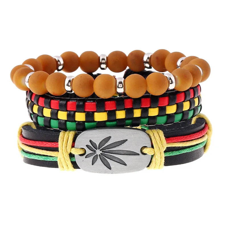 

1 set Jamaica Handmade Leather Weed Bracelet Ethnic Hiphop Reggae Beads Strand Bracelet for Women Gifts Red String Wristband