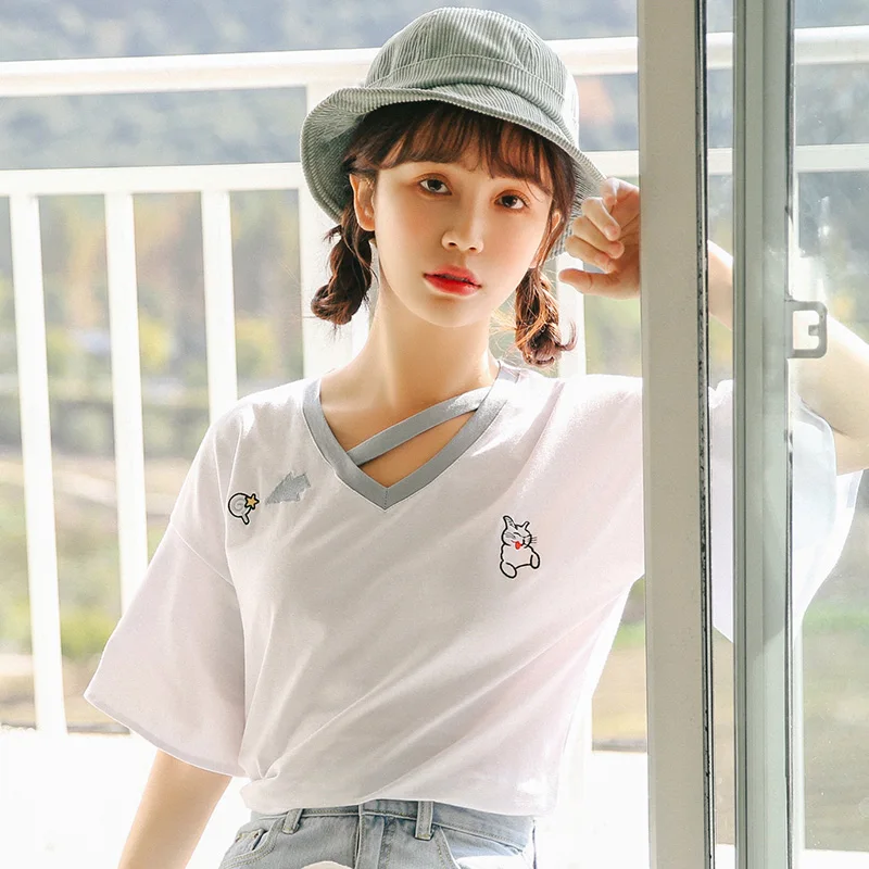 Женская летняя футболка в японском стиле панк Kawaii Ulzzang Корейская с вышивкой