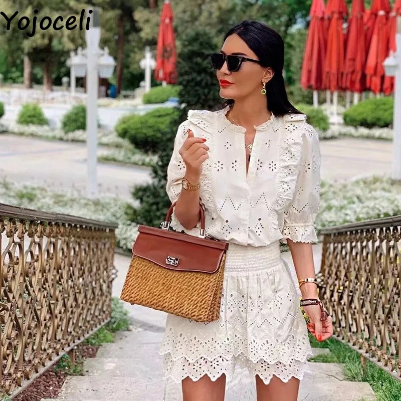 Yojoceli Сексуальное Белое Кружевное женское платье из двух частей летнее