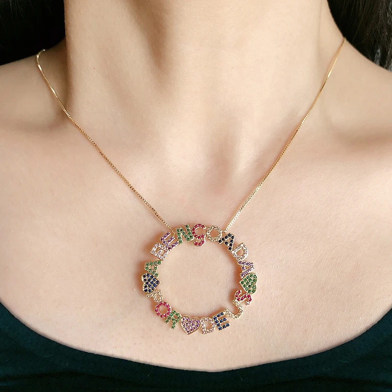 

2019 Gold Color Copper Multicolor AAA Cubic Zirconia Round And Letters Pendant Necklaces Women's Fashion Jewelry Cobre CZ Colar