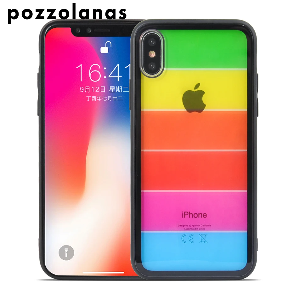 

Pozzolanas Luxury Rainbow Color Phone Cases Tempered Glass Waterproof Glossy Transparent Cover TPU For iPhone X 6 5s SE 7 8