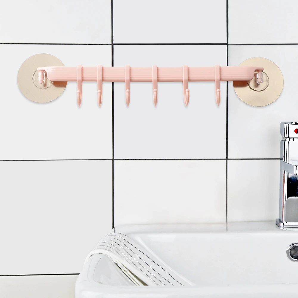 

New High-quality Towel Wall Hooks Suction Hanger White/Beige/Green Storage Rack Multifunction Adjustable 6 Hooks Home Organizer
