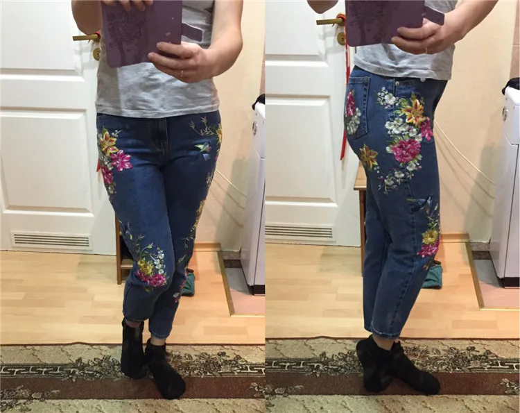 European and American women's ultra-popular stereo 3D heavy bird flower before and after embroidery high waist Slim straight jea (6)