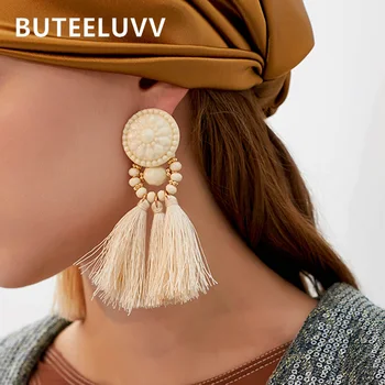 

12 Colors Bohemian Tassel Earrings Fashion Jewelry Ethnic Handmade Red Acrylic Crystal Beaded Geometric Drop Earrings for Women