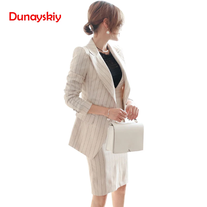 

Dunayskiy Women Striped Office Lady Dress Suits 2 Two Piece Sets Female Work Wears Elegant Notched Jacket Blazers and Dresses