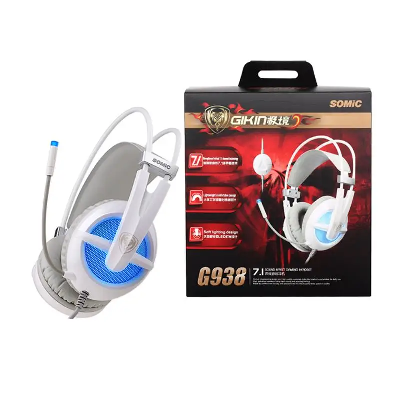 SOMIC G938 Virtual 7,1 Наушники с объемным звуком Звукоизолирующие наушники USB светодиодный сильный Басс Игровые наушники с микрофоном - Цвет: White with gift box