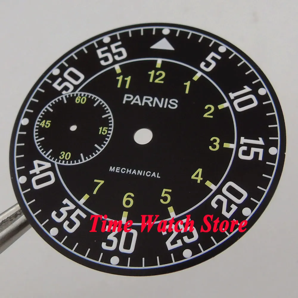 Парнис 38,9 мм черный циферблат двойной часовой пояс подходит для Механическая ETA 6497 циферблат часов D103