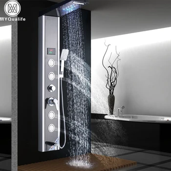 

LED Light Shower Column Bathroom Shower Panel Rotate Body Massage Jet Waterfall Rain Shower Faucet Digital Screen Shower Mixers
