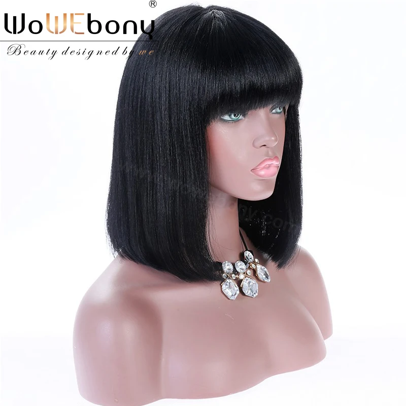 360 Lace Wigs Short Bob Wig with Bangs Yaki Straight for Black Women 4.5 inch Pre Plucked Brazilian Remy Bleached Knots