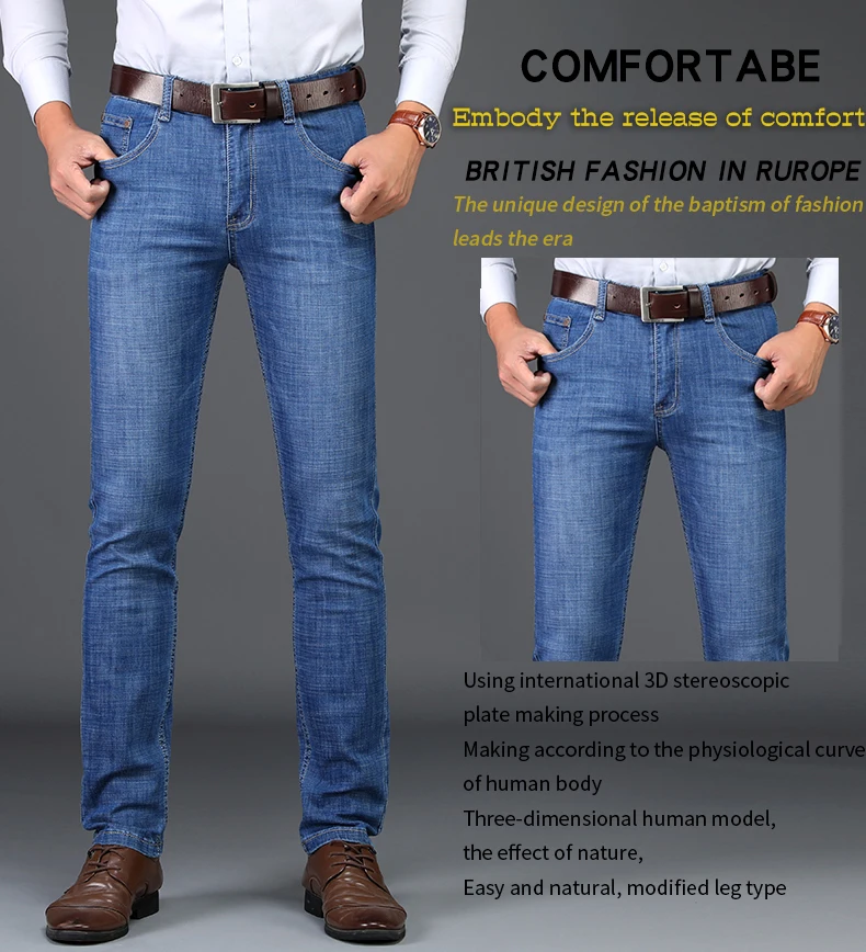 Sulee Брендовые мужские джинсы деловые повседневные Прямые облегающие Синие Джинсы Стрейчевые джинсовые брюки классические брюки