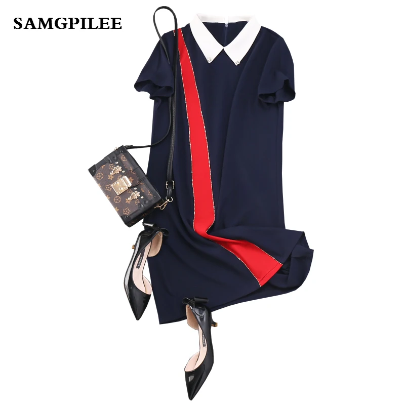 

2019 New A-line Patchwork Short Sleeve Appliques Knee-length Natural Peter Pan Collar Summer Women Dress L-4xl