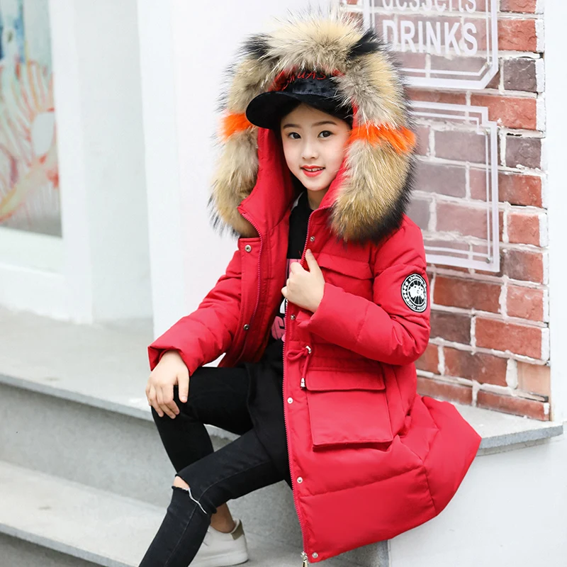 HSSCZL Girls Duck Down Jackets 2018 Brand Long Winter Girl Down Coat Natural Fur Collar Hooded Warm Outerwear Overcoat Clothes