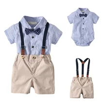 Летний комплект одежды для маленьких мальчиков; Повседневная рубашка в полоску; комбинезон; шорты; Модный комплект одежды с галстуком-бабочкой
