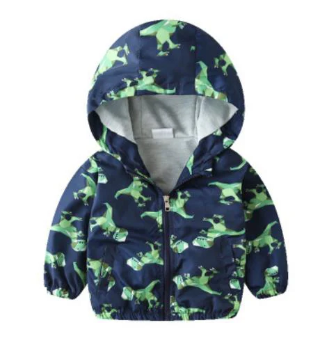Куртка для маленьких мальчиков; осенне-Весенняя верхняя одежда для девочек; ветрозащитные пальто; куртка с капюшоном и рисунком динозавра; тканевая одежда для малышей - Цвет: Cyan