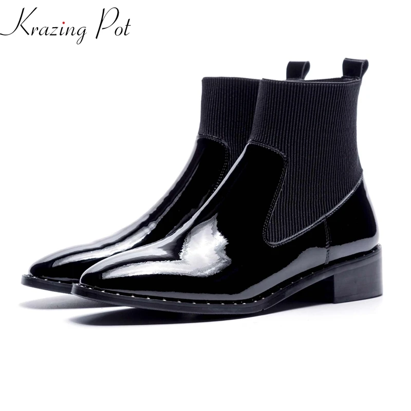 

Krazing Pot cow leather rivets boots 4.5cm thick heels European round toe knitting women fashion wedding party ankle boots L81