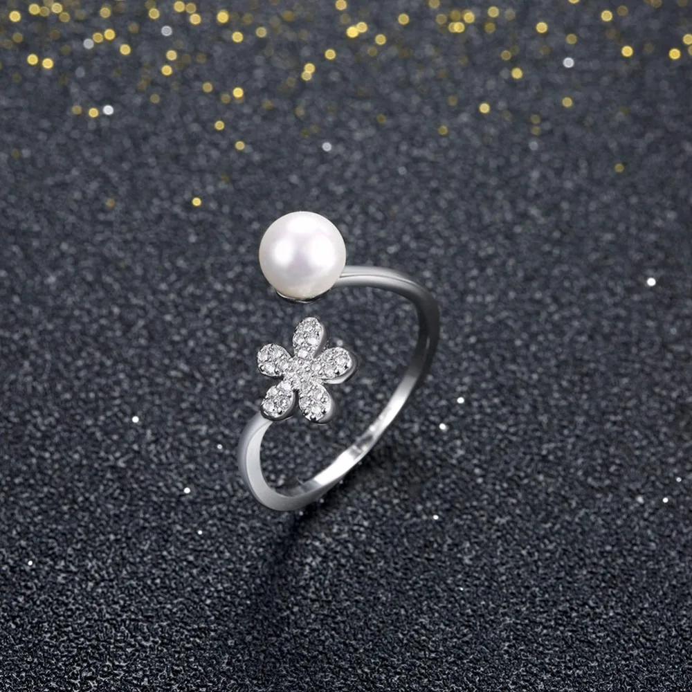 Simulated Pearl Jewelry Guarantee 925 Sterling Silver Ring Cubic Zirconia Adjustable Rings For Women (JewelOra RI102200)
