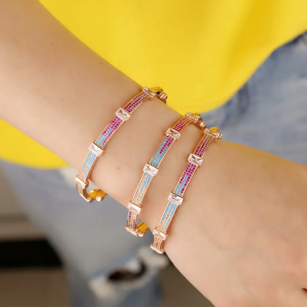 

Rose gold color red blue black Colorful small CZ stone bangle for women lucky BOHO square white CZ fashion trendy 60mm bracelet