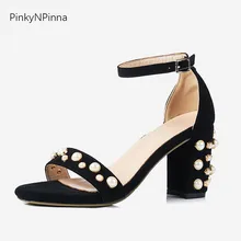 women's luxury sandals ankle strap sheepskin suede pearl embellished block high heels bohemian vintage style top quality shoes contrast frill trim pearl embellished top