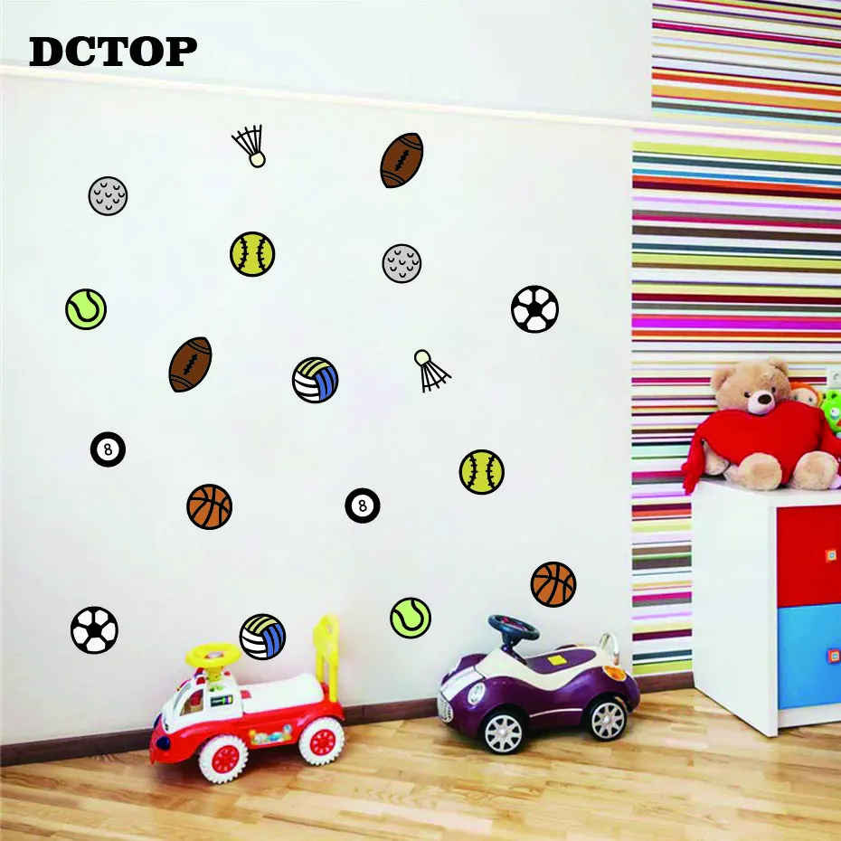 Creative Ball Sport Wall Stickers Cartoon Basketball Football Badminton DIY Vinyls Decals Home Decor for Kids Nursery Room Mural (2)