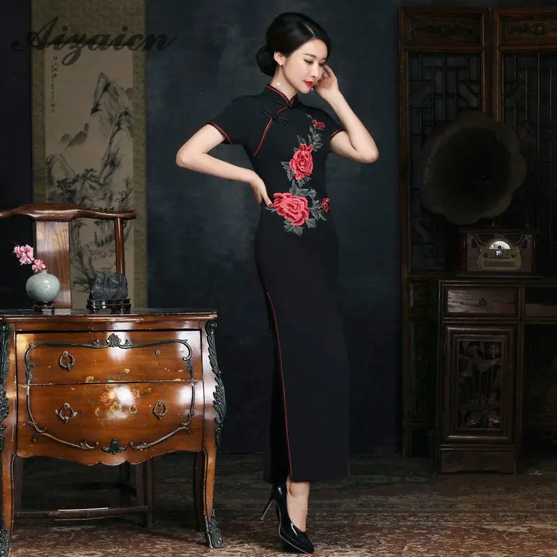 Шелк Длинные Cheongsam Qipao для женщин Формальные Vestidos Красный пикантные китайское традиционное платье костюмы плюс размеры восточные платья