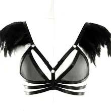 Черное перо погон груди Жгут Связывание нижнее белье кружева Мягкая see through клетка Топ эластичный Ремни Для женщин костюм фестиваль