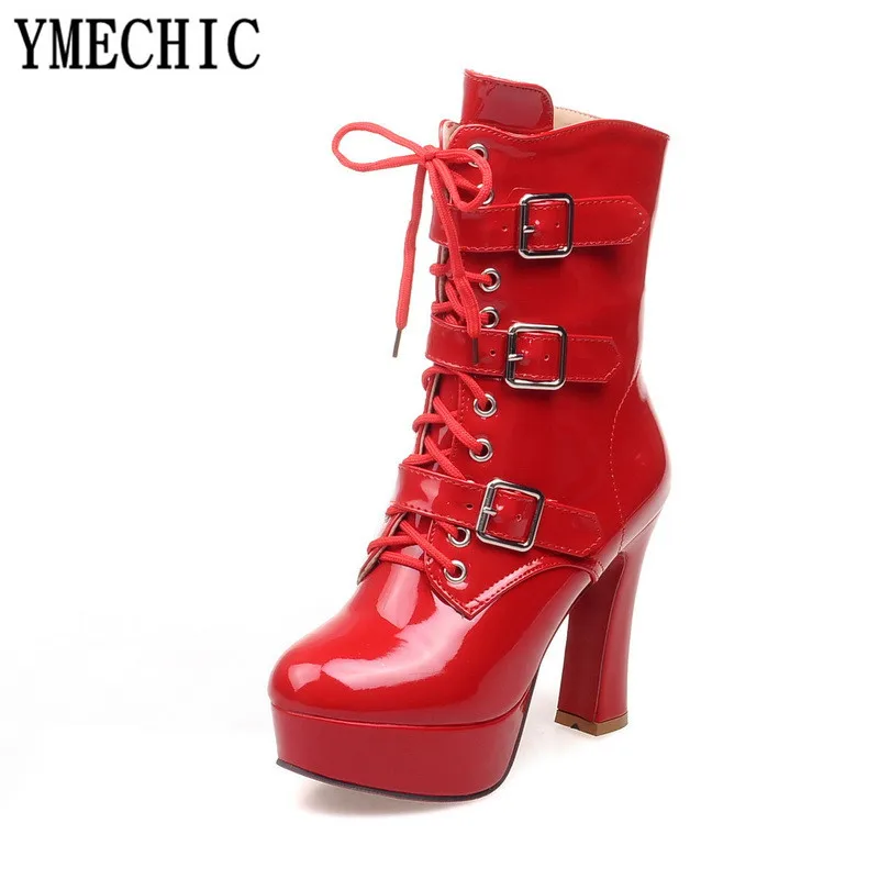 YMECHIC Pu Patent Leather Buckle Strap Lace Up High Heel Motorcycle Boots Women Winter Platform Ladies Goth Shoes Plus Size