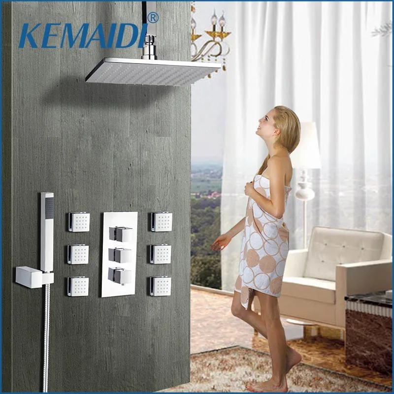 

KEMAIDI Bathroom Shower 8/10/1216 Inch Chrome Shower Faucet Set Thermostatic Valve Mixer Tap W/ 6 Message Jets Shower Mixer Set