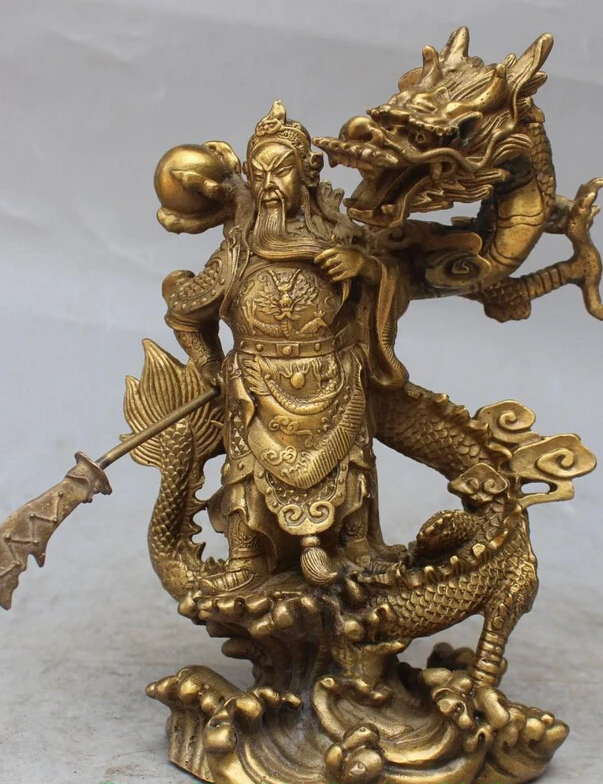 

song voge gem S0006 10"Chinese Bronze Guan Gong Warrior God Sword Stand in Dragon Statue