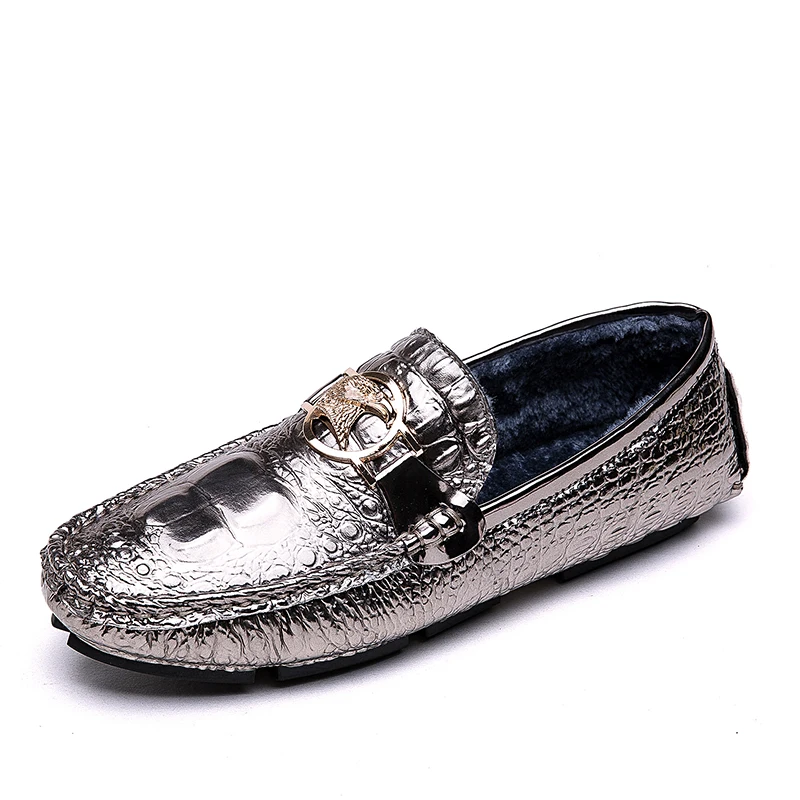FUR Sliver ALCUBIEREE/зимняя теплая обувь; мужские кожаные мокасины; мужские лоферы на меху без шнуровки; повседневная обувь на плоской подошве; обувь для вождения лодки; большой размер 48 - Цвет: FUR Sliver