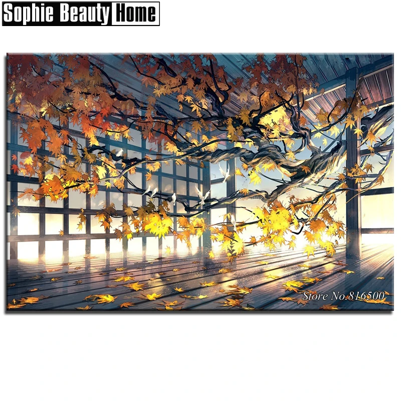 Full Diamond 5D DIY Painting Golden Sycamore Leaves Embroidery Cross Stitch Rhinestone Mosaic Pattern 061316 | Дом и сад