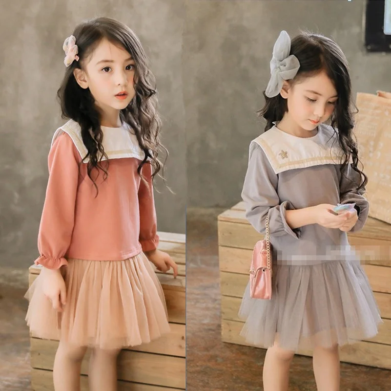 

brand girl dress 2019 spring summer new girls long sleeve princess dresses children fashion navy collar splice mesh dress