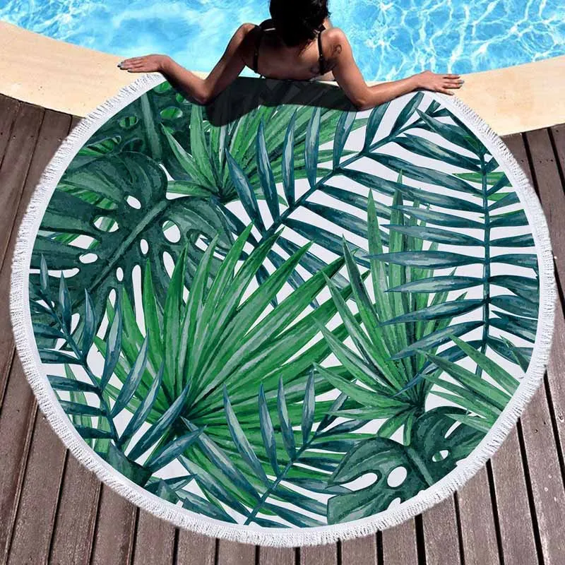 

Summer Green Tropical Round Beach Towel For Adults Flamingo Microfiber Towels Big Pool Sport Swimming Bath Towel Tapestry Beach