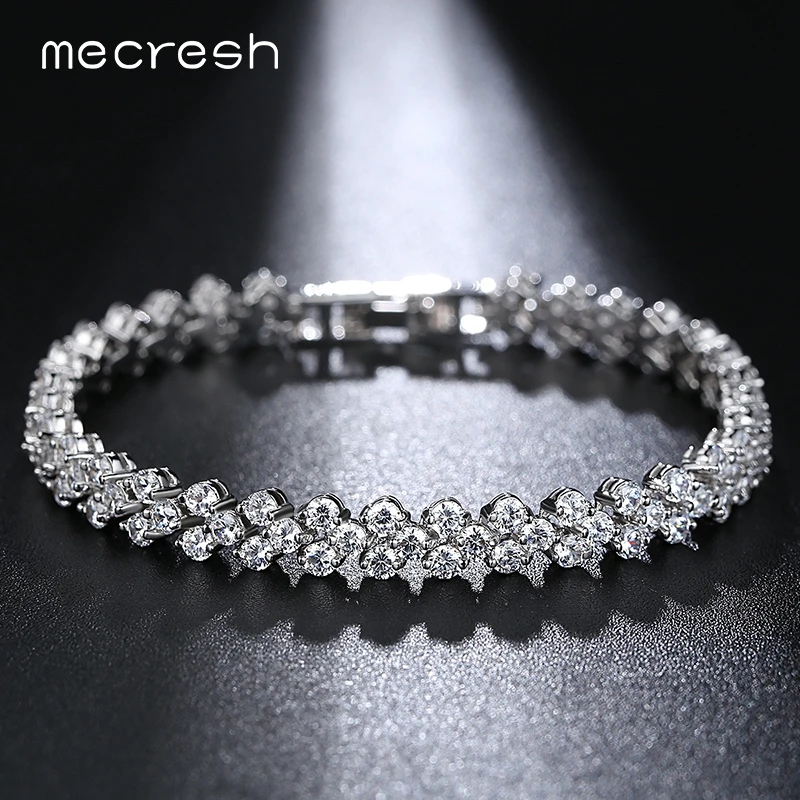 Mecresh Silver Color Charm Wedding Bracelets for Women Leaf-Shape Micro Cubic Zircon Pulseira Feminina Best Gift MSL211 silver multi layers chain with leaf shape charm bracelets