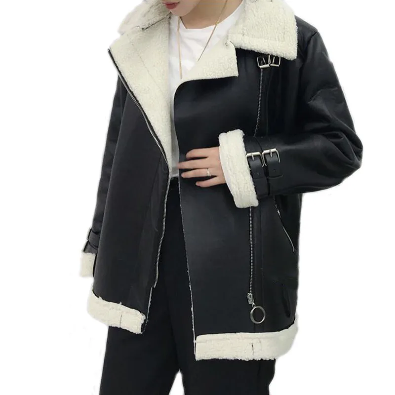 

2019 Winter PU Jacket Windbreaker Women Leather Jacket Outwear Plus Size Black Lamb Fur Coat Jacket Loose Harajuku Bomber Jacket