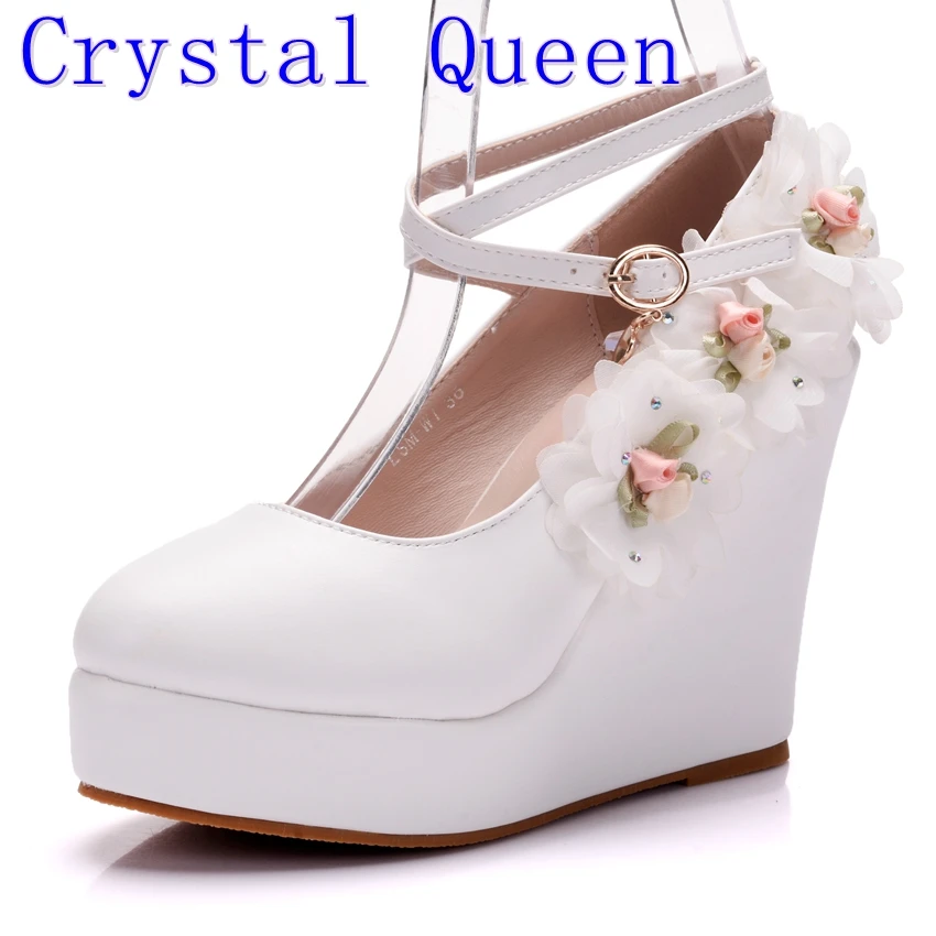 Crystal Queen White Women Wedding Party Pumps Wedge Heels Buckle Straps Lace Flower Bridal Shoes Platform Lady Dress Shoes Crystal Queen White Women Wedding Party Pumps Wedge Heels Buckle Straps Lace Flower Bridal Shoes Platform Lady Dress Shoes