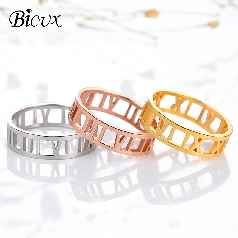 

BICUX Fashion Roman Numerals Cutout Rose Gold Silver Stainless Steel Ring for Women Men Jewelry Wedding Charm Ring Wholesale