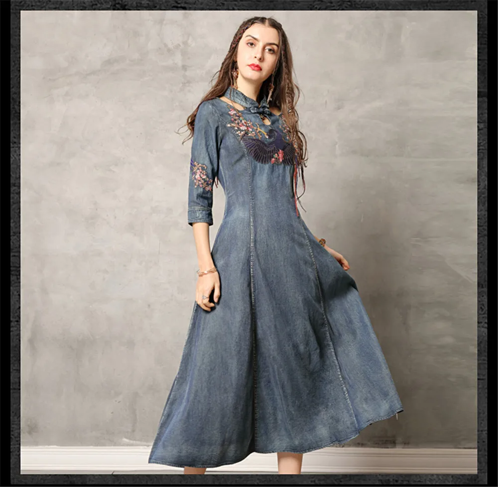 Vintage Summer Denim Dress 2019 Embroidery Women Dresses Stand Collar A-line Three Quarter Sleeve Elegant Vestidos K82137 (14)