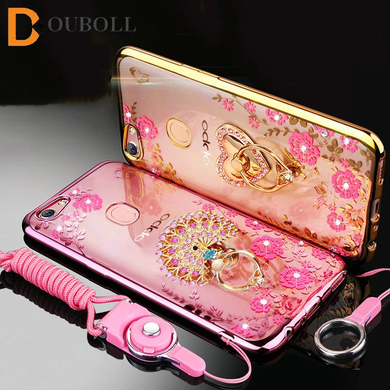 

Douboll For OPPO F5 / A73 / A73T Luxury Semitransparent Slim Glitter Ring Holder Kickstand Soft TPU Phone Case Cover With Strap