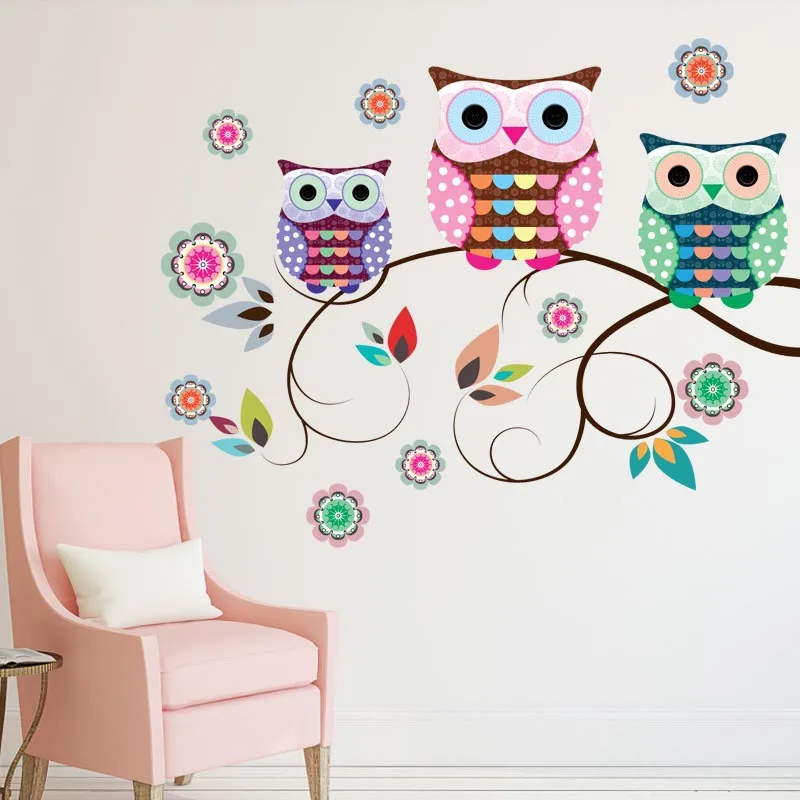 

New Colorful Owls on the Tree Branches Wall Stickers for Kids Room Living Room Bedroom Waterproof Removable Art Decal Stickers
