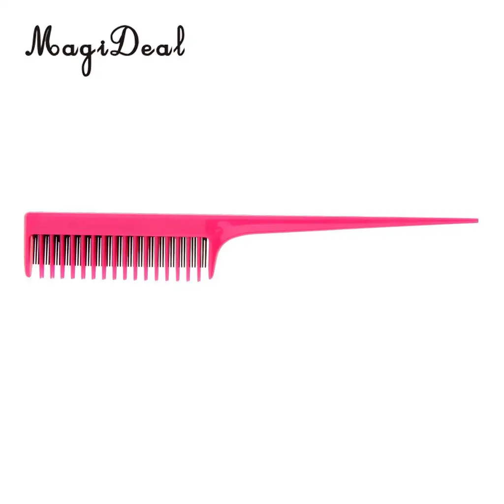   Pro 3-Row Teeth Teasing Comb Sectioning Pin Tail Back Coming Volumizing Brush Dress Out Comb- Rose Red
