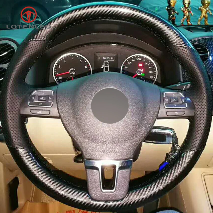 LQTENLEO Carbon Fiber Leather Black Leather Steering Wheel Cover for