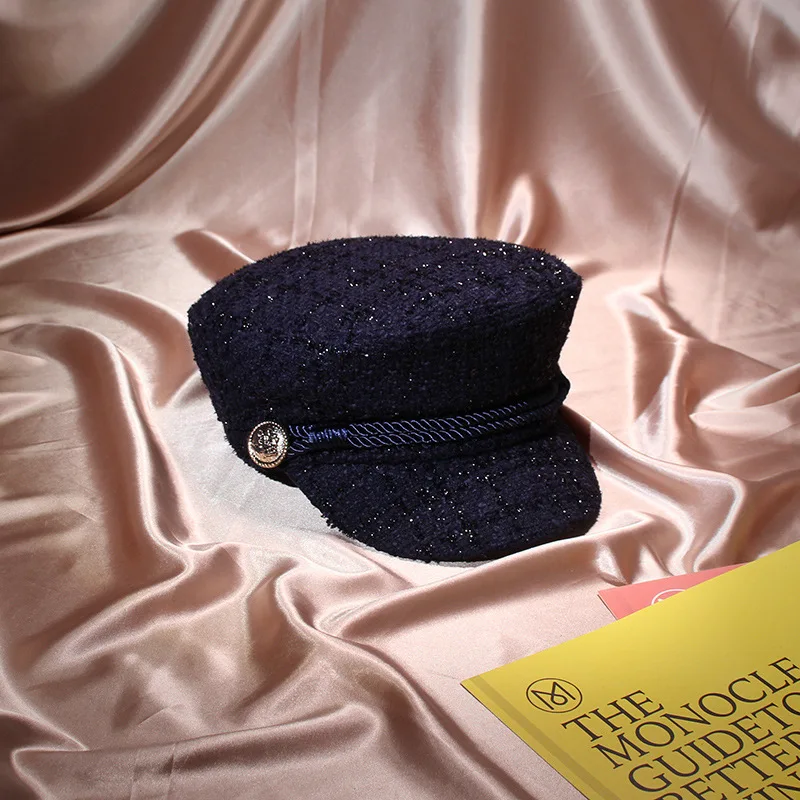 navy blue Зимние винтажные модные твидовые теплые Восьмиугольные шляпы с золотой нитью для женщин, козырьки, ретро военные шапки-береты - Цвет: navy blue