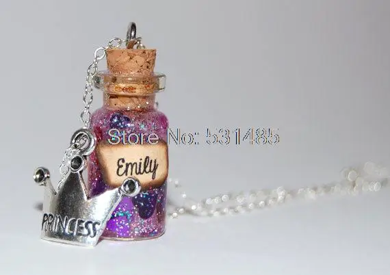 

12pcs/lot Princess inspired costomize 'Name' Handmade Glass Bottle Necklace Emily message silver necklace