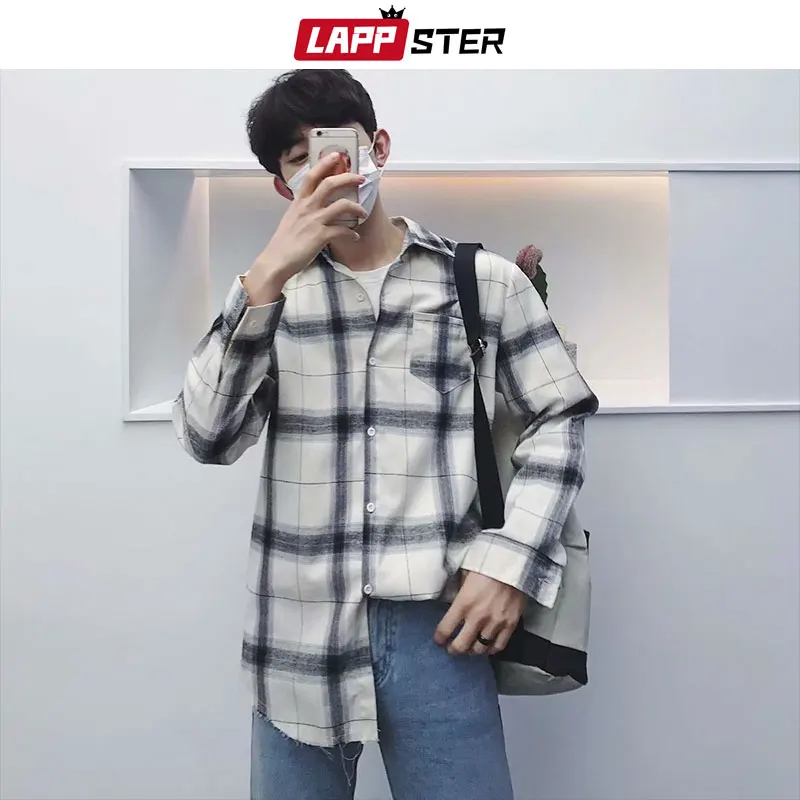 

LAPPSTER Men Streetwear Plaid Shirt 2019 Mens Hip Hop White Shirt Long Sleeve Male Korean Fashions Harajuku Shirts Clothing