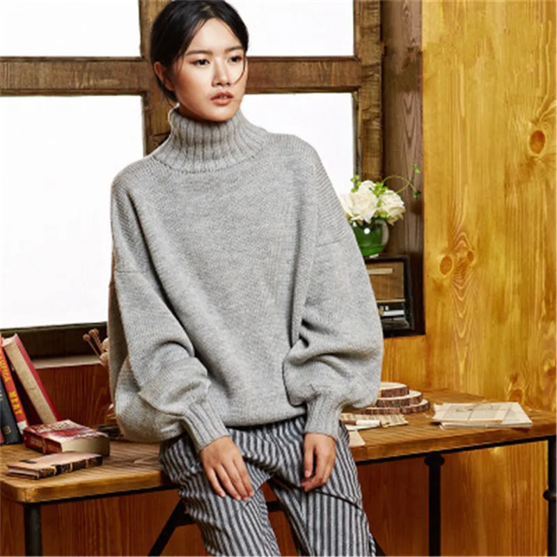100% hand made pure wool turtleneck knit women fashion lantern sleeve solid loose short pullover sweater one&ampover size | Женская